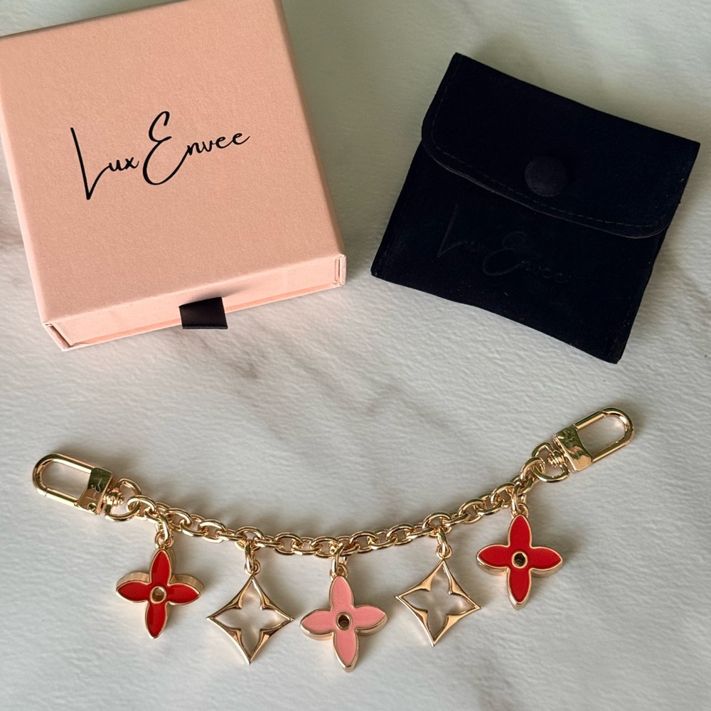 Lux Envee Gold Chain Bag Charm with Red and Pink Flower Charms